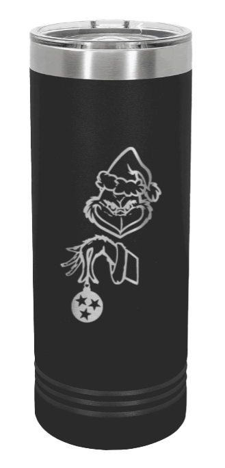 Grinch with Ornament Laser Engraved Skinny Tumbler (Etched)