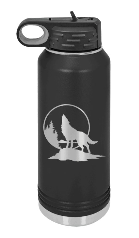 Wolf Howling at The Moon Laser Engraved Water Bottle (Etched)