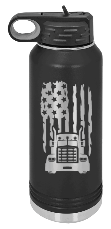 Semi Truck Flag Water Bottle Laser Engraved (Etched)