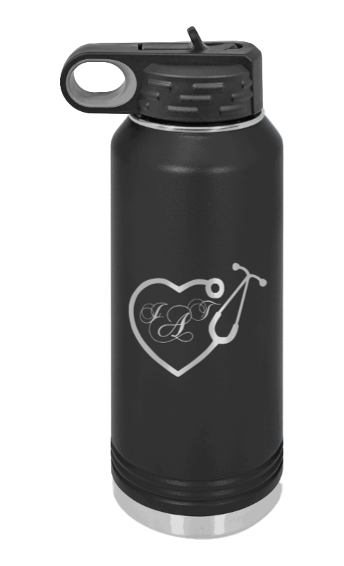 Stethoscope Heart with Monogram Laser Engraved Water Bottle (Etched) - Customizable